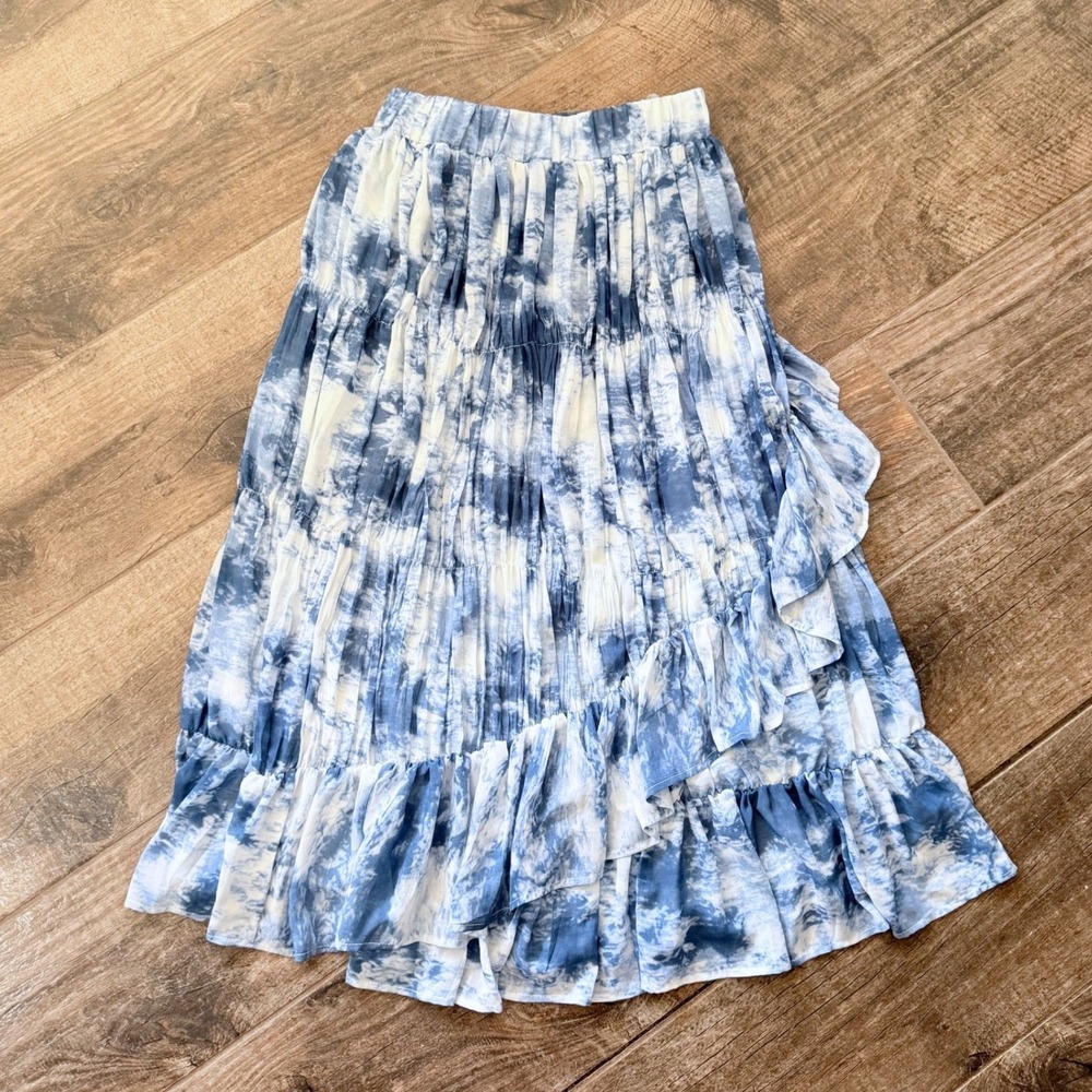 ILLA ILLA Boho Coastal Tie Dye Tiered Ruffle Maxi Skirt, Blue White, S (NWT)‎